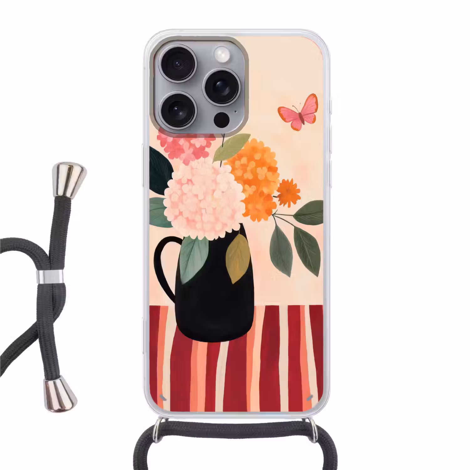 Vaas - Bloemen - Vlinder - Rood Hoesje iPhone 16 Pro Max met koord klein -3d