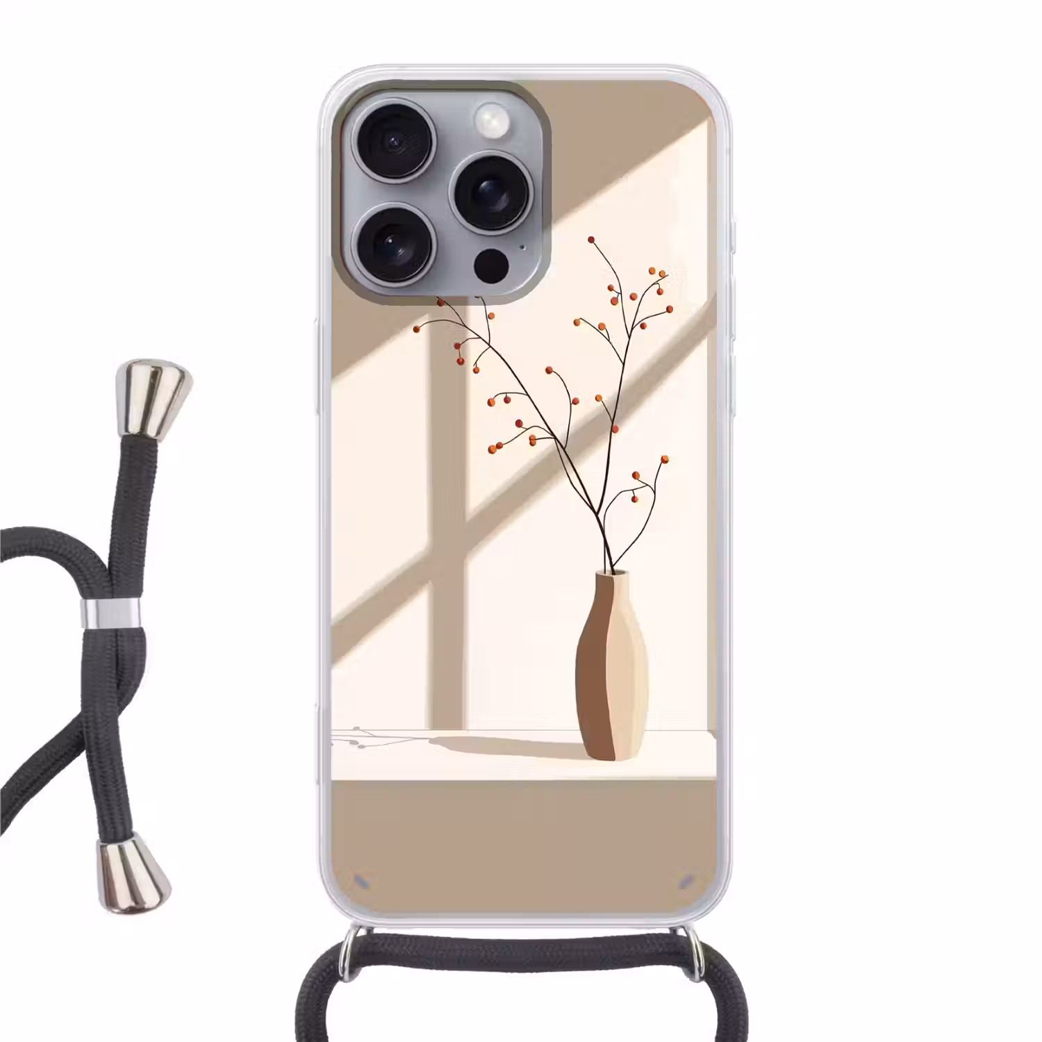 Vaas - Takken - Bessen - Minimalistisch Hoesje iPhone 16 Pro Max met koord klein -3d