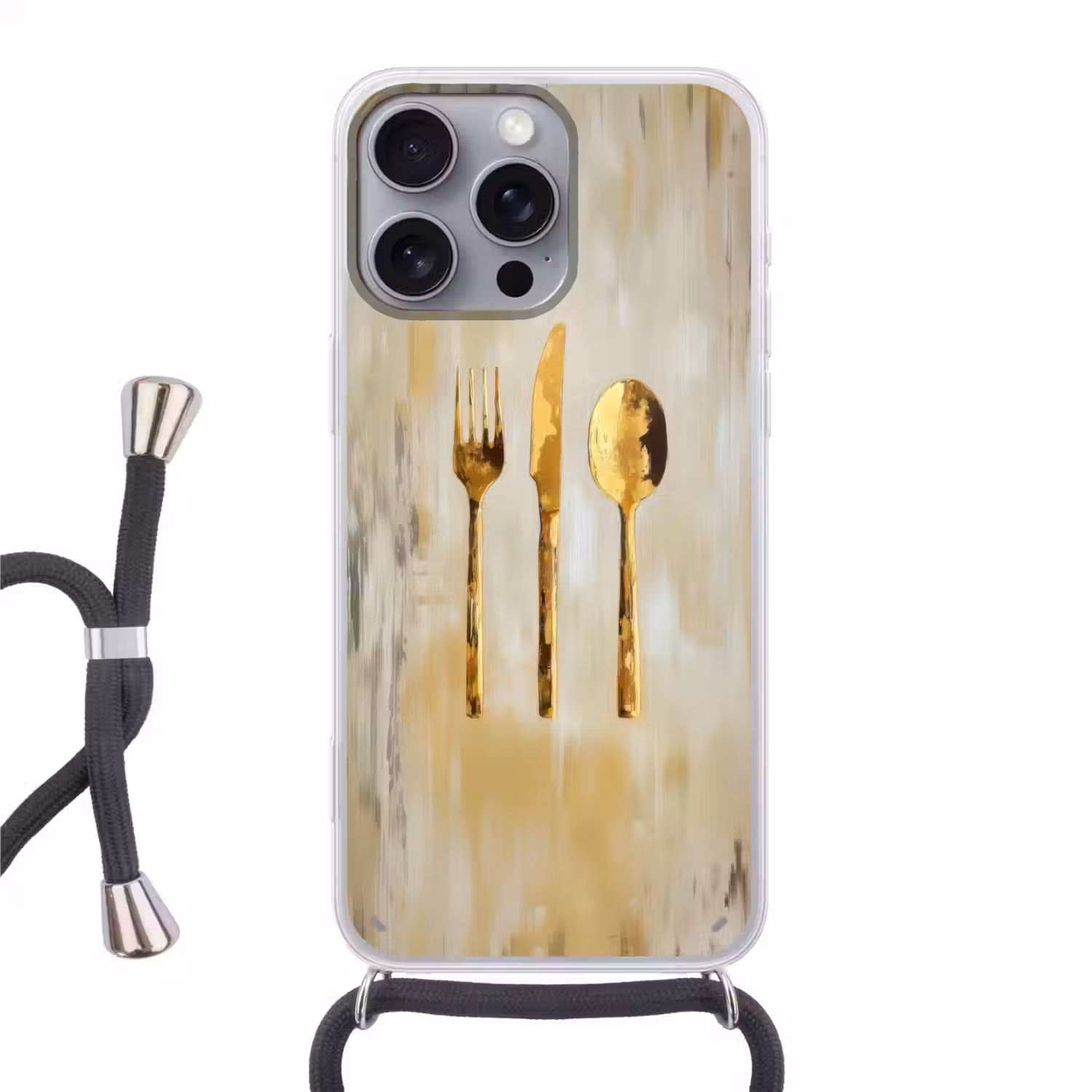 Verf - Goud - Bestek Hoesje iPhone 16 Pro Max met koord klein -3d
