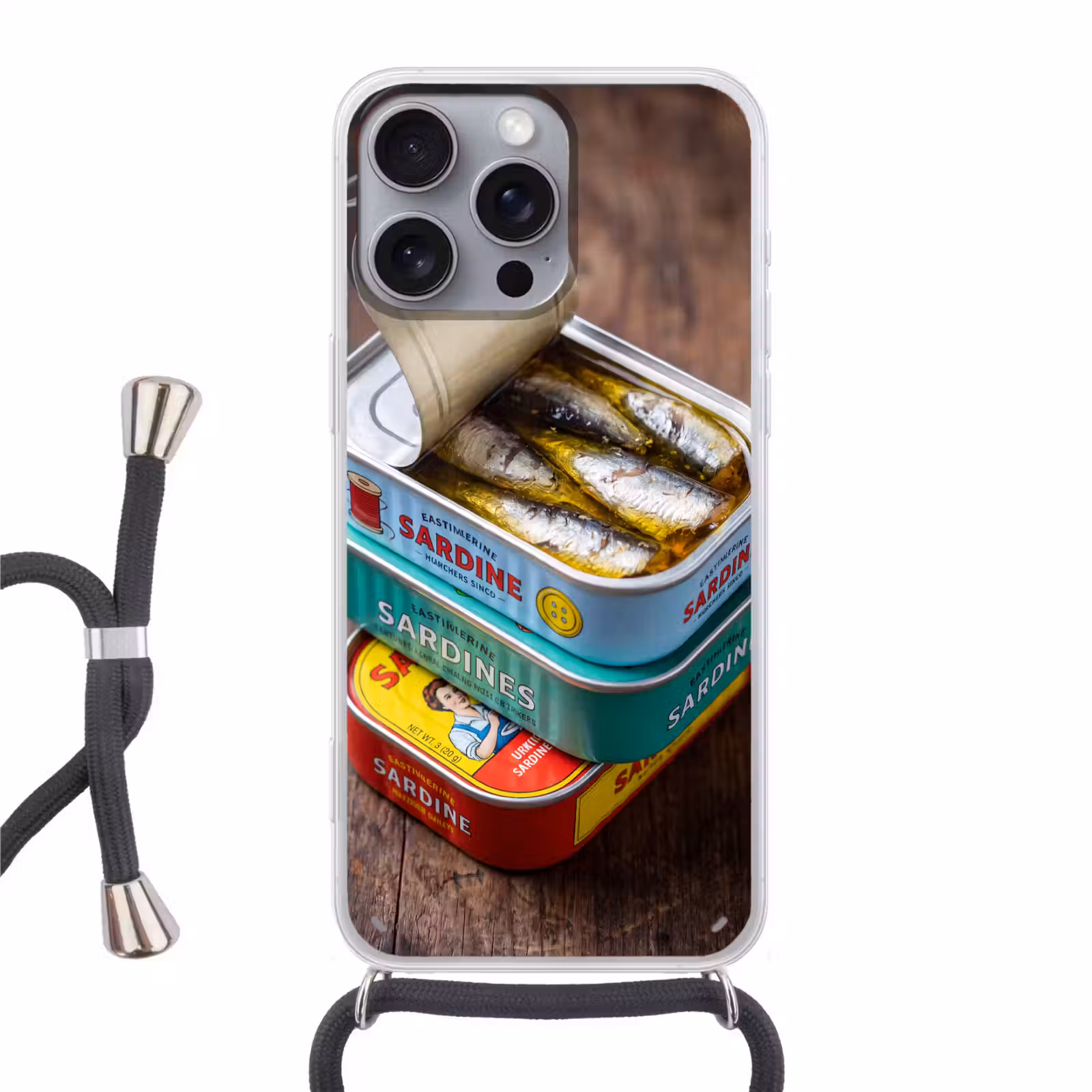 Telefoonhoesje met koord - Vis - Blikjes - Keuken - Vis - Blikjes - Keuken Hoesje iPhone 16 Pro Max met koord klein