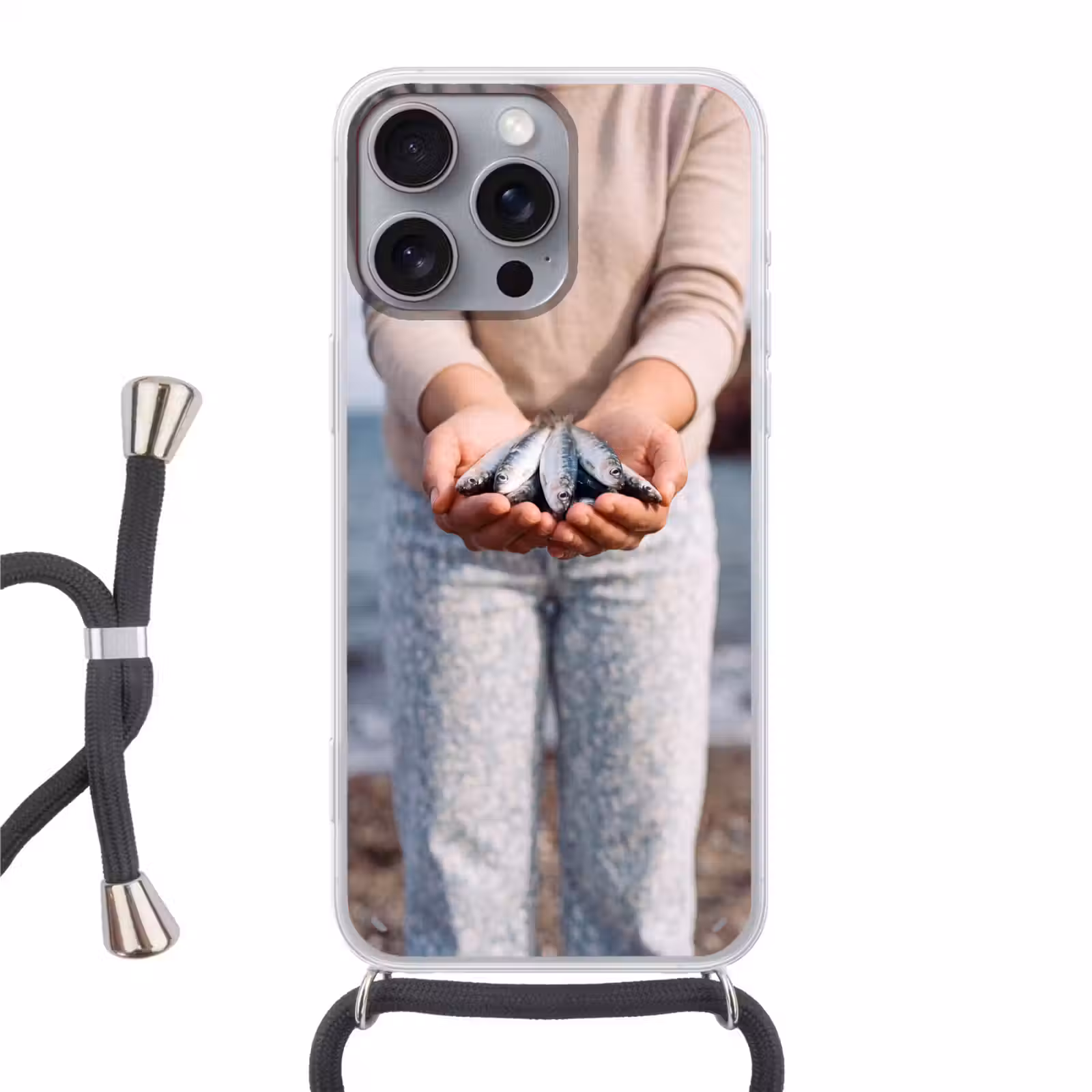Telefoonhoesje met koord - Vis - Handen - Natuur - Vis - Handen - Natuur Hoesje iPhone 16 Pro Max met koord klein