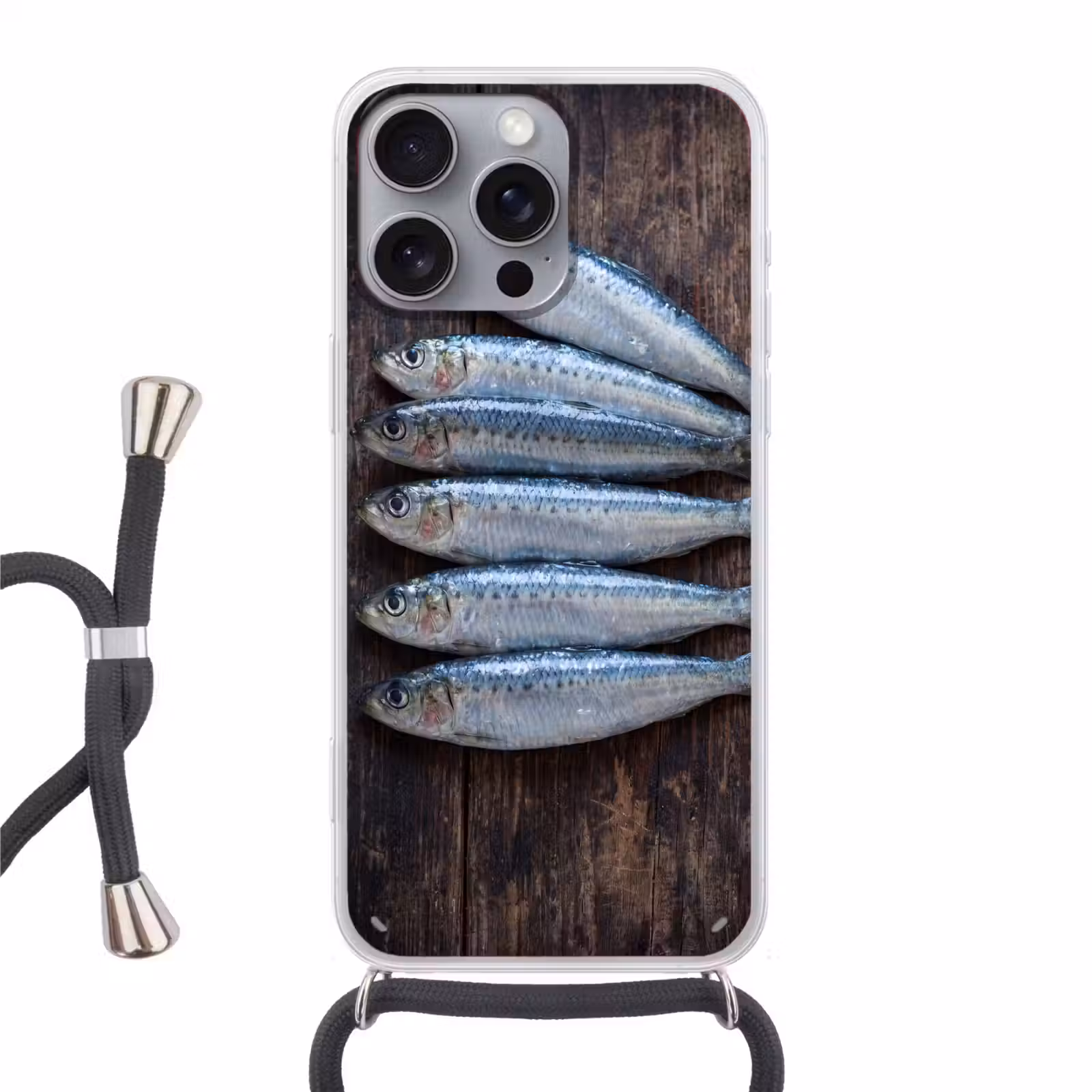 Telefoonhoesje met koord - Vis - Hout - Eten - Vis - Hout - Eten Hoesje iPhone 16 Pro Max met koord klein