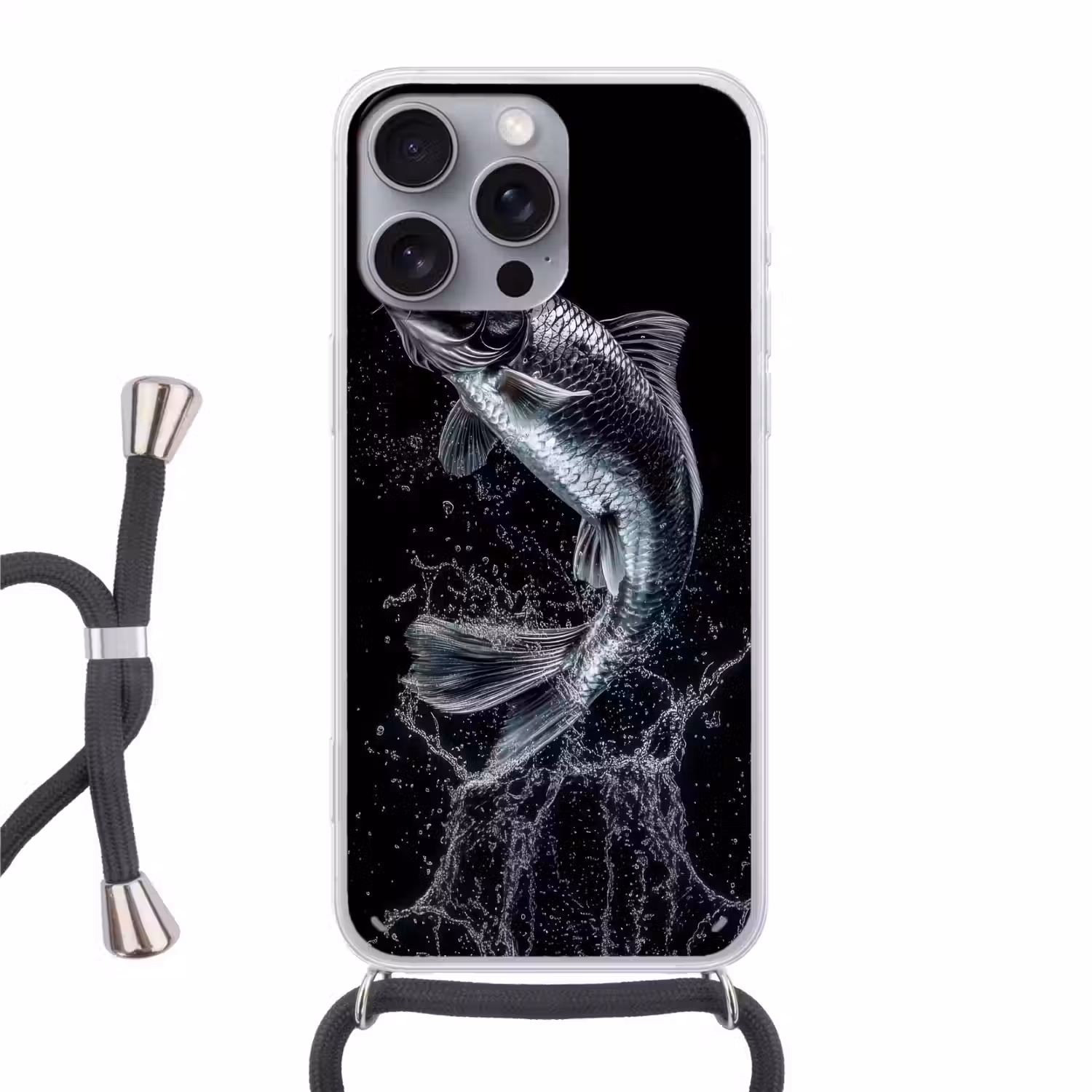 Vis - Koi - Zwart - Water Hoesje iPhone 16 Pro Max met koord klein -3d