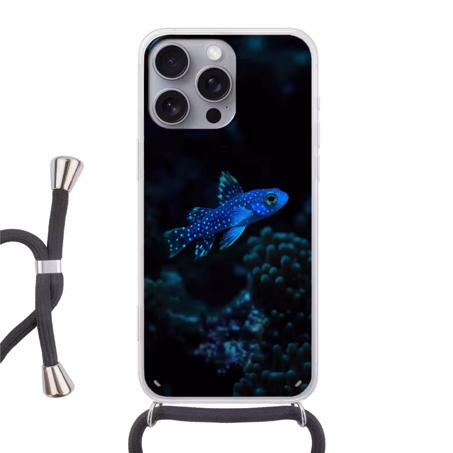 Vis - Stippen - Koraal - Blauw Hoesje iPhone 16 Pro Max met koord klein -3d