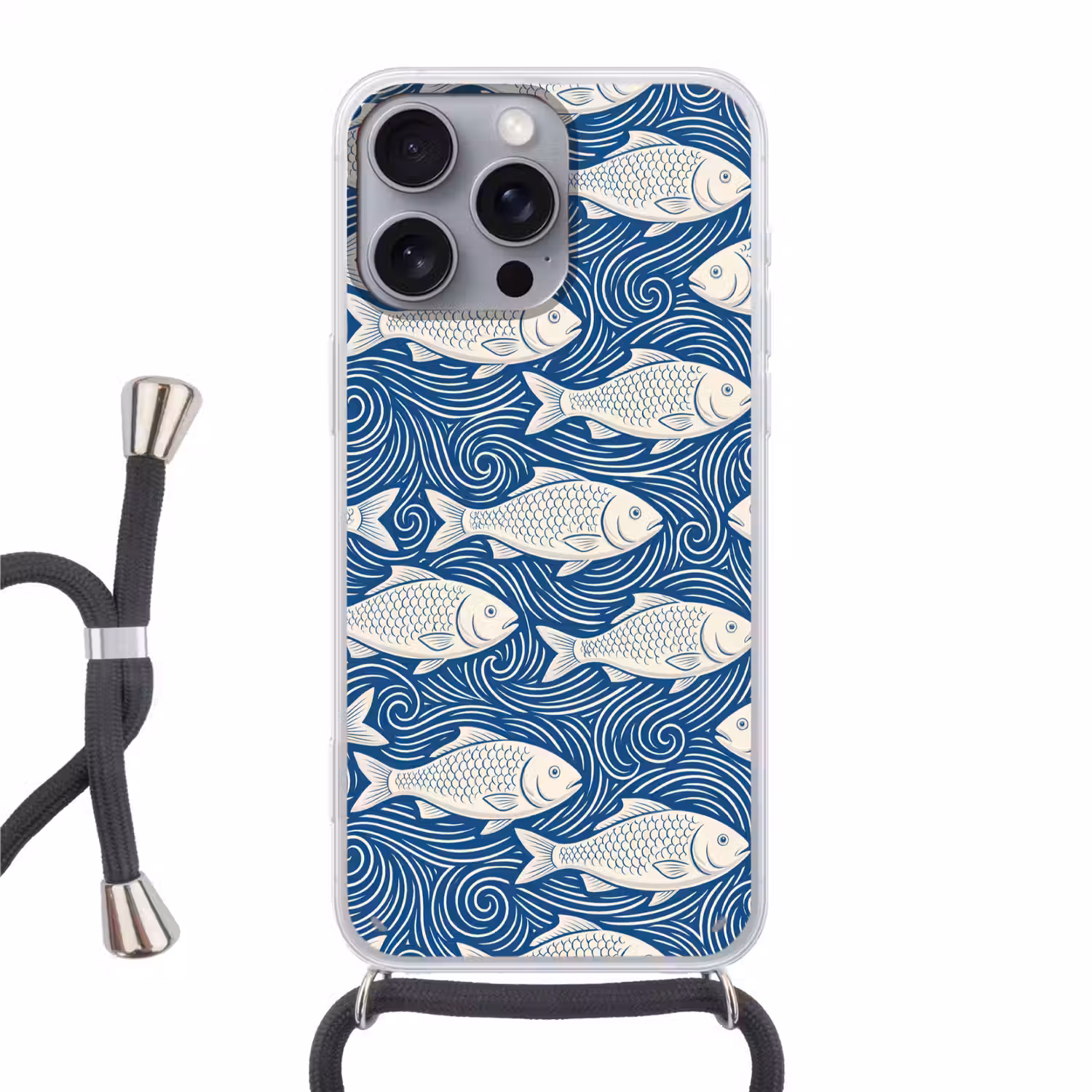 Vis - Water - Patroon - Grafisch - Blauw Hoesje iPhone 16 Pro Max met koord klein -3d