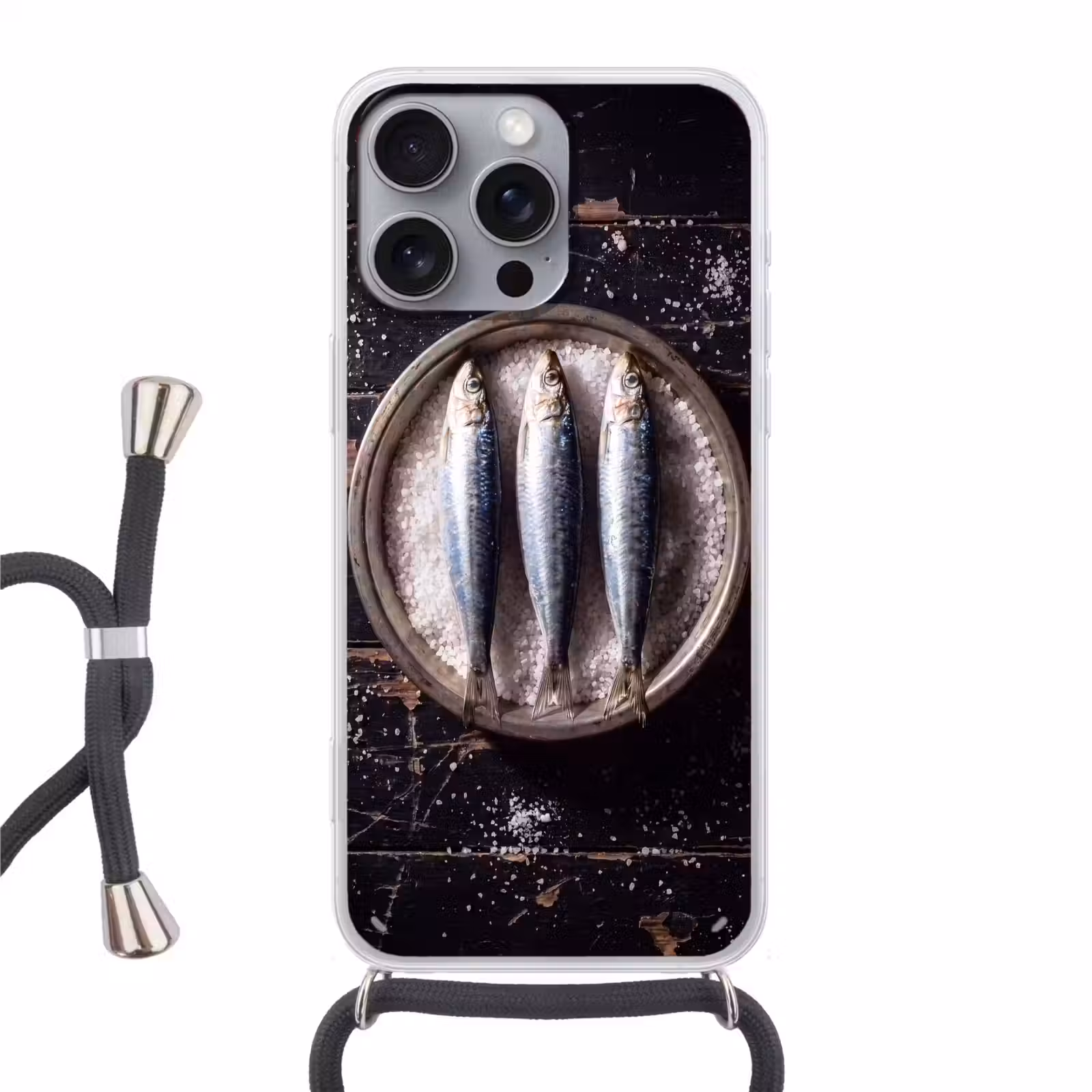 Telefoonhoesje met koord - Vis - Zout - Eten - Vis - Zout - Eten Hoesje iPhone 16 Pro Max met koord klein