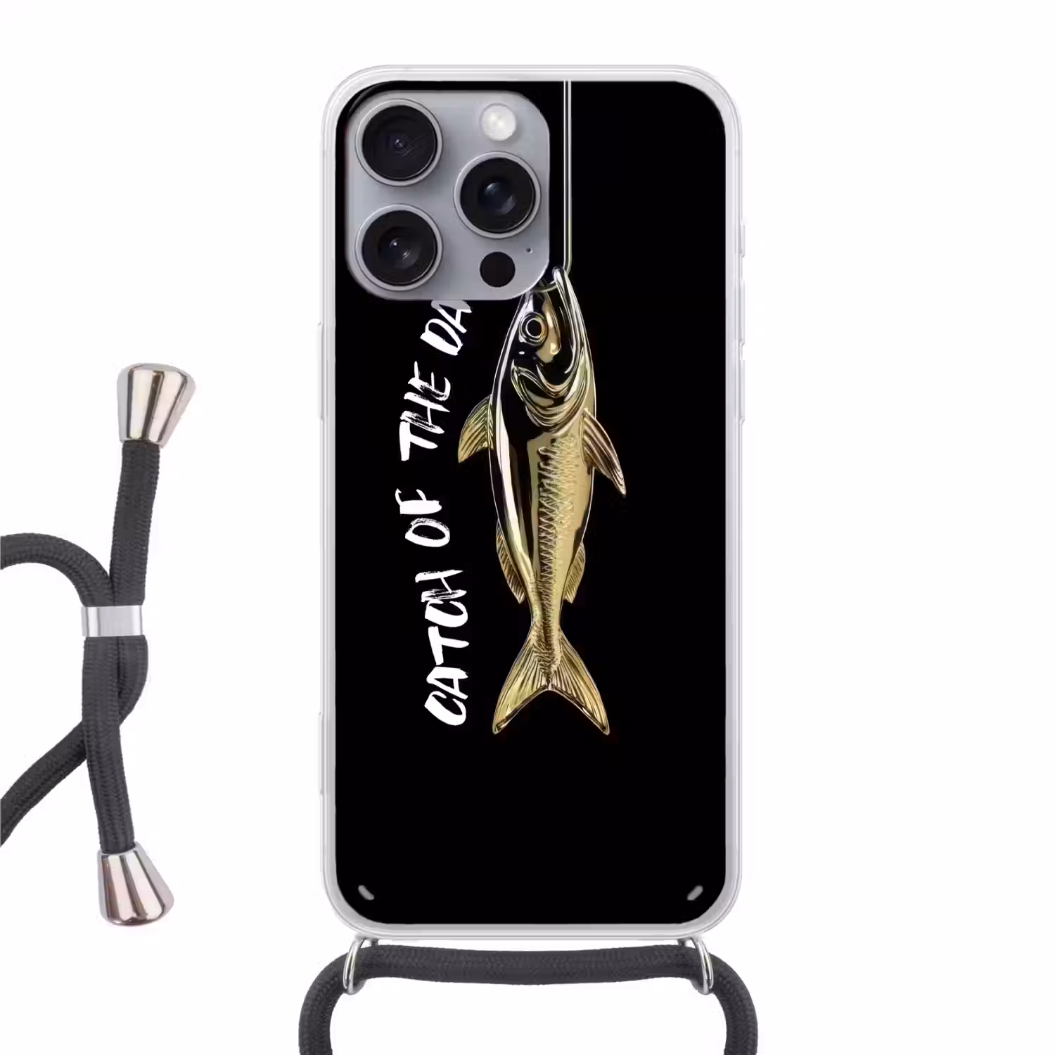 Vis - Zwart - Goud - Tekst Hoesje iPhone 16 Pro Max met koord klein -3d