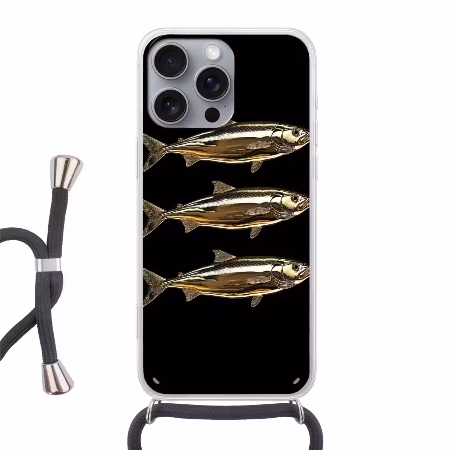 Vissen - Goud - Zwart Hoesje iPhone 16 Pro Max met koord klein -3d
