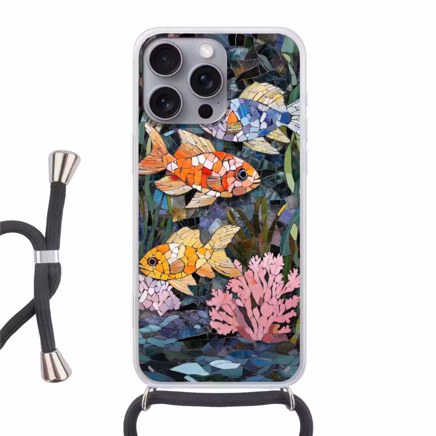 Vissen - Koraal - Zee - Mozaïek Hoesje iPhone 16 Pro Max met koord klein -3d