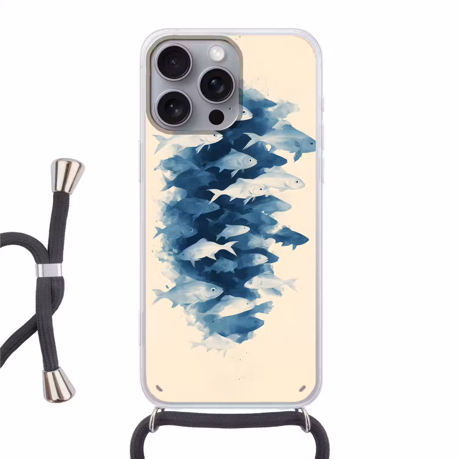 Vissen - Minimalistisch - Blauw Hoesje iPhone 16 Pro Max met koord klein -3d