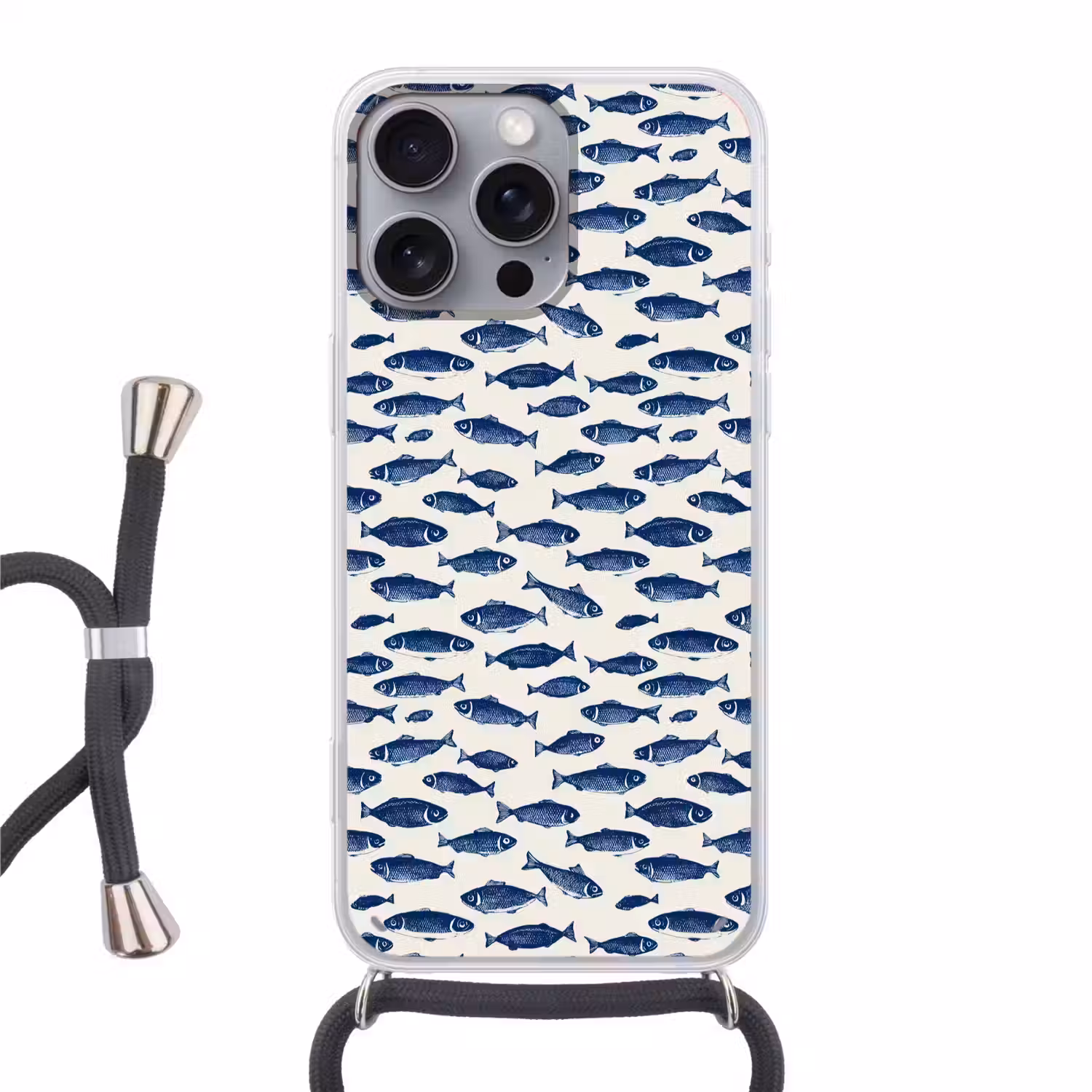 Vissen - Patroon - Blauw - Wit Hoesje iPhone 16 Pro Max met koord klein 804 -3d
