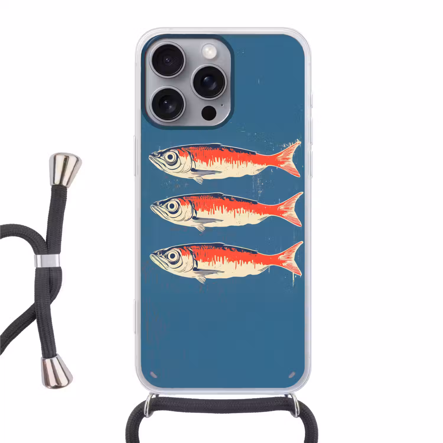 Vissen - Rood - Blauw Hoesje iPhone 16 Pro Max met koord klein -3d