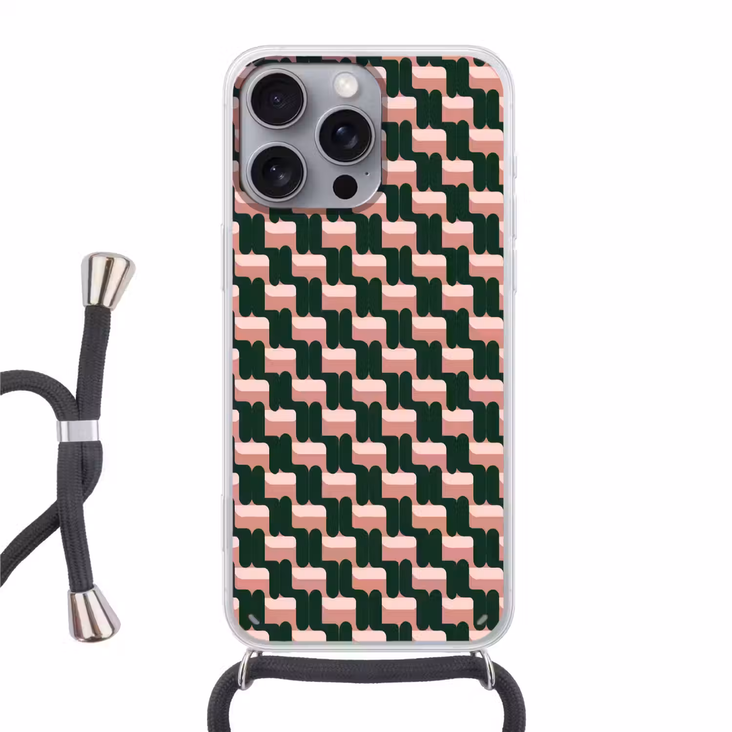 Vlechtpatroon - Groen - Roze - Geometrisch Hoesje iPhone 16 Pro Max met koord klein 804 -3d