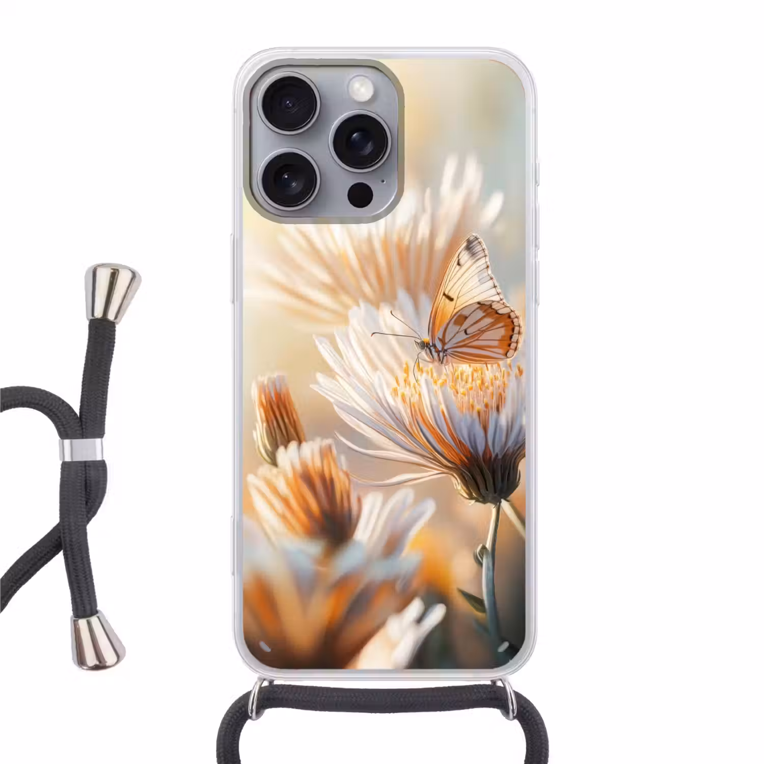 Vlinder - Bloem - Oranje Hoesje iPhone 16 Pro Max met koord klein -3d
