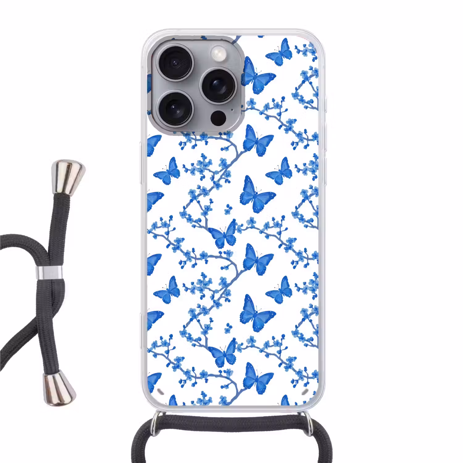 Vlinder - Bloemen - Blauw Hoesje iPhone 16 Pro Max met koord klein 804 -3d