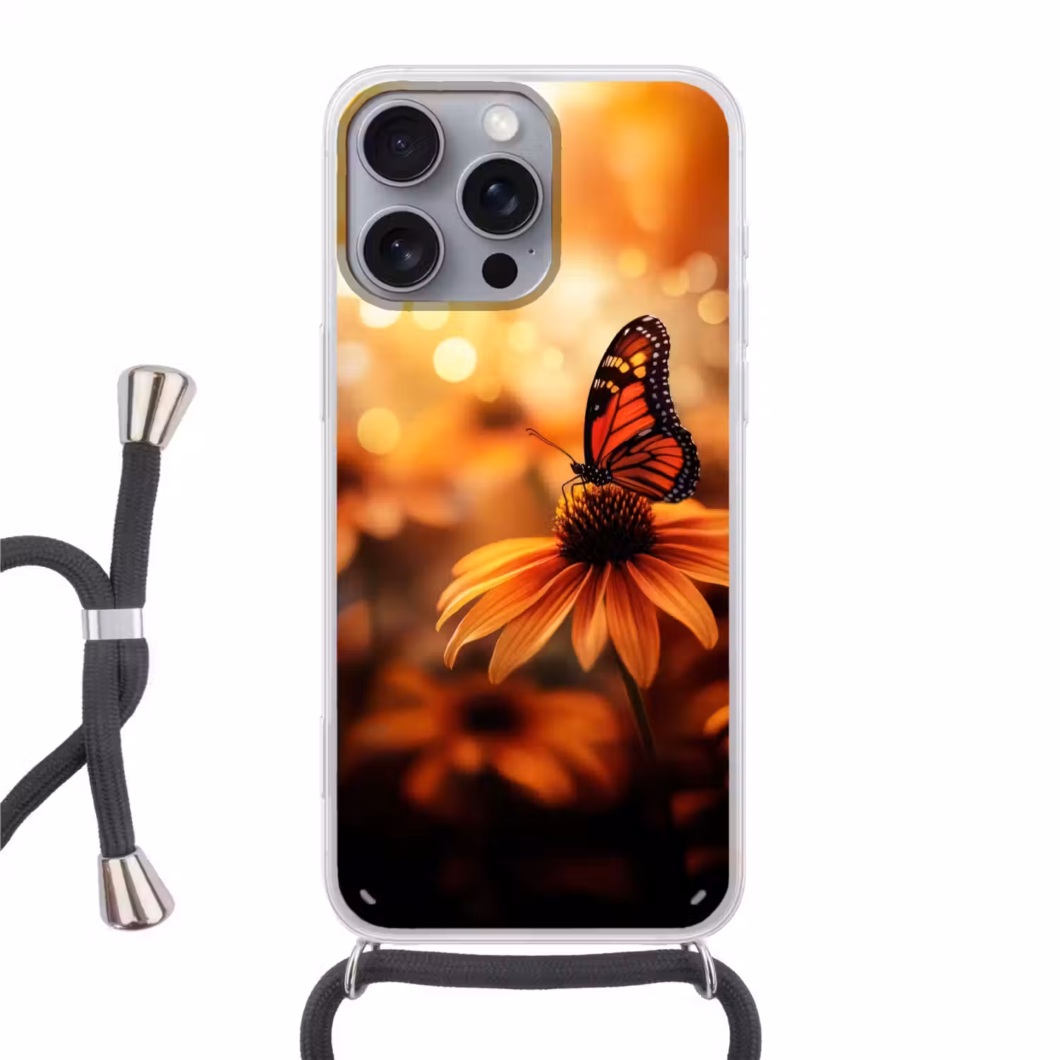 Vlinder - Bloemen - Oranje Hoesje iPhone 16 Pro Max met koord klein -3d