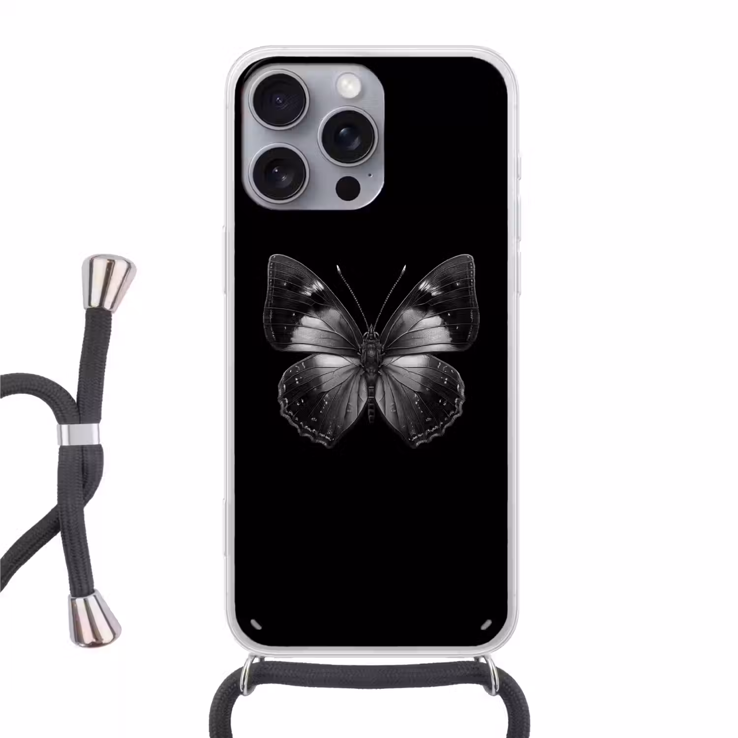 Vlinder - Grijs - Mysterieus Hoesje iPhone 16 Pro Max met koord klein -3d