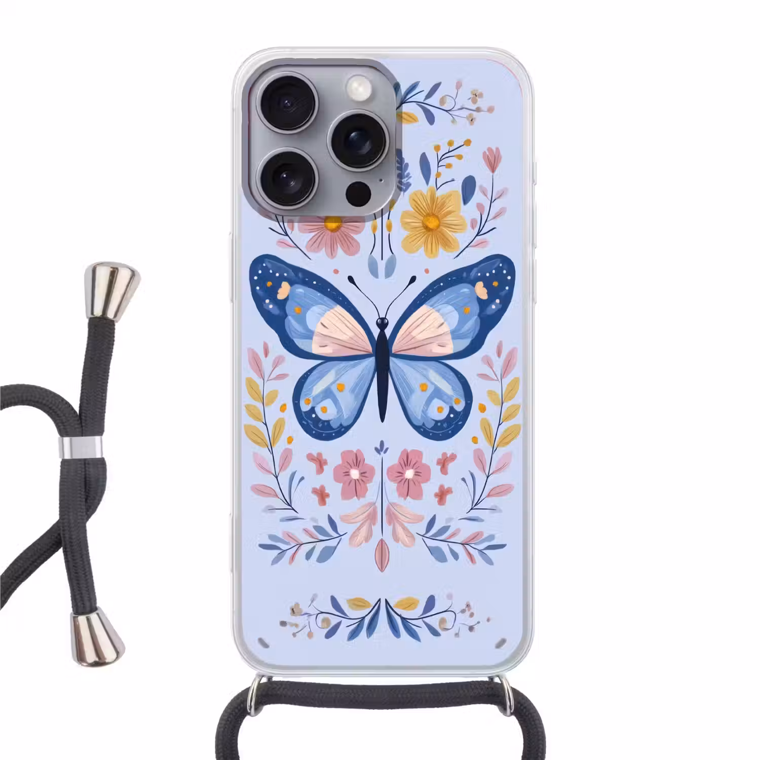 Vlinder - Lichtblauw - Sierlijk - Bloemen Hoesje iPhone 16 Pro Max met koord klein -3d