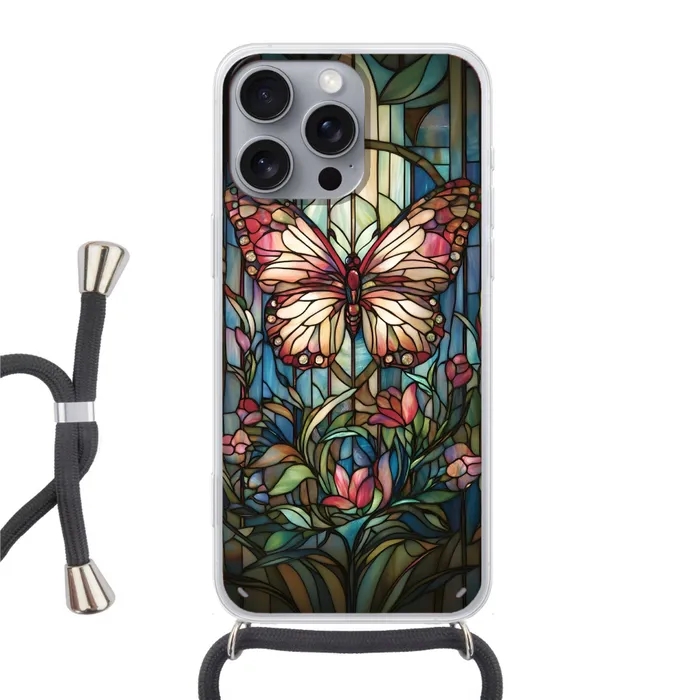 Vlinder - Roze - Bloemen - Bladeren Hoesje iPhone 16 Pro Max met koord klein -3d