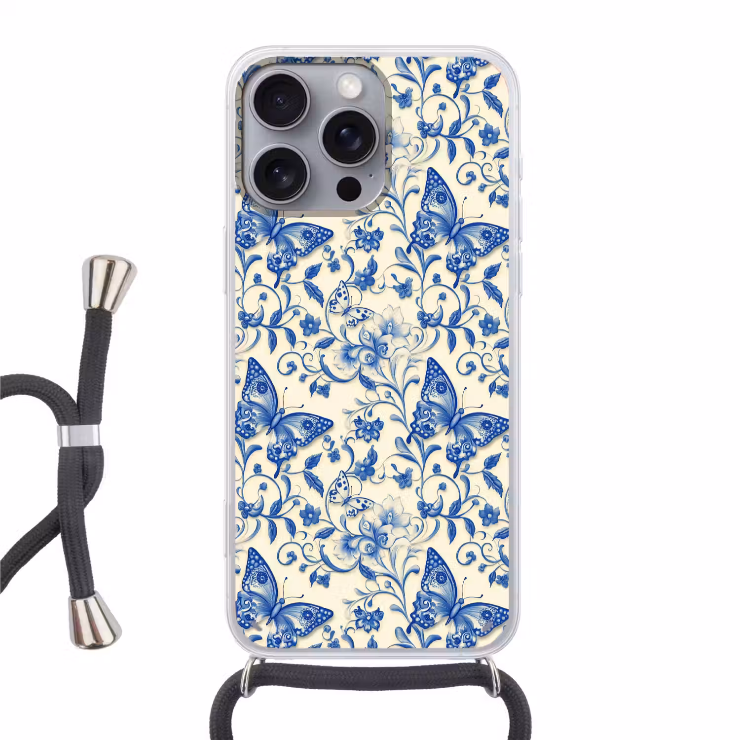 Vlinders - Bloemen - Blauw - Botanisch Hoesje iPhone 16 Pro Max met koord klein 804 -3d