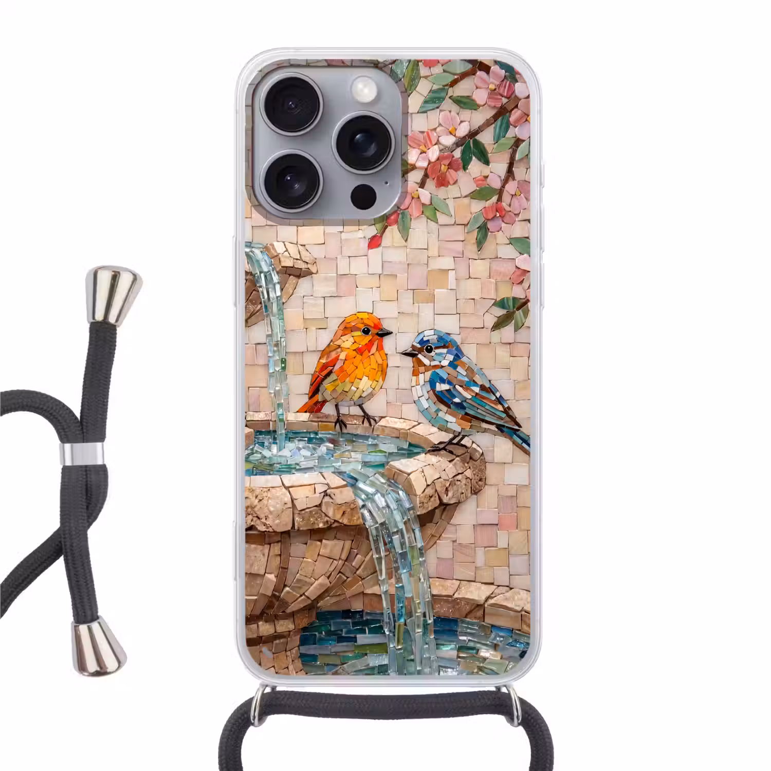 Vogel - fontein - mozaiek - kleurrijk - dieren Hoesje iPhone 16 Pro Max met koord klein -3d