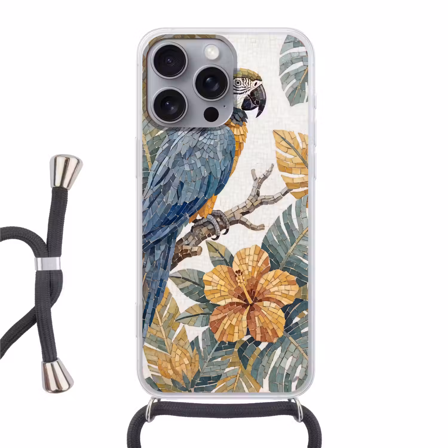 Vogel - Tak - Natuur - Mozaïek - Blauw Hoesje iPhone 16 Pro Max met koord klein -3d