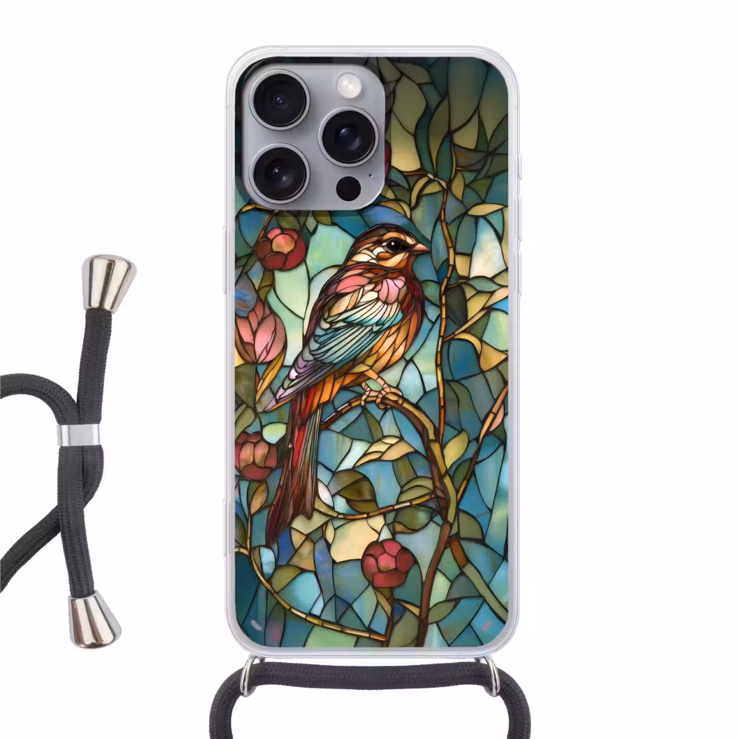 Vogel - Tak - Rozen - Mozaïek Hoesje iPhone 16 Pro Max met koord klein -3d