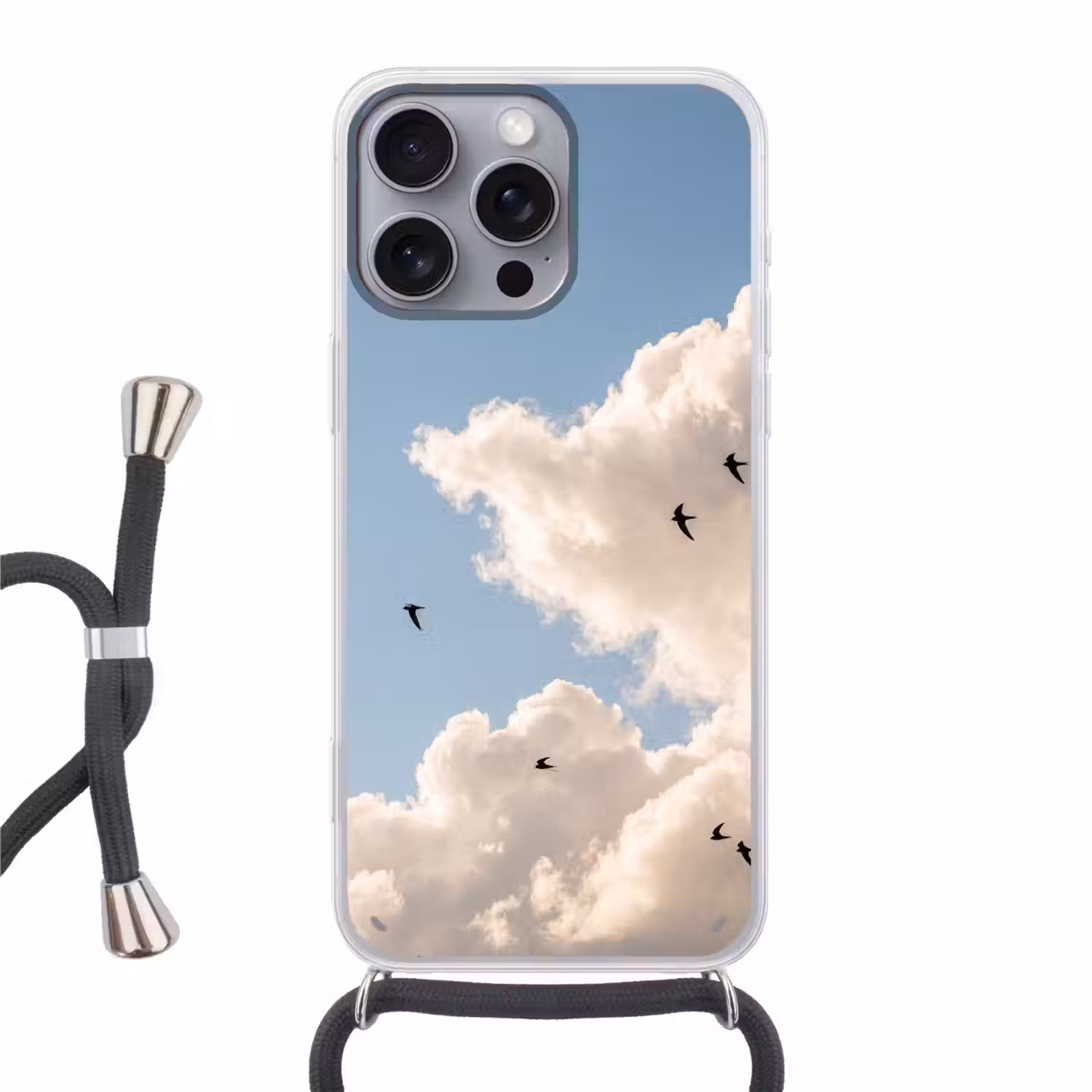 Vogel - Vlucht - Wolken - Natuur - Blauw Hoesje iPhone 16 Pro Max met koord klein -3d
