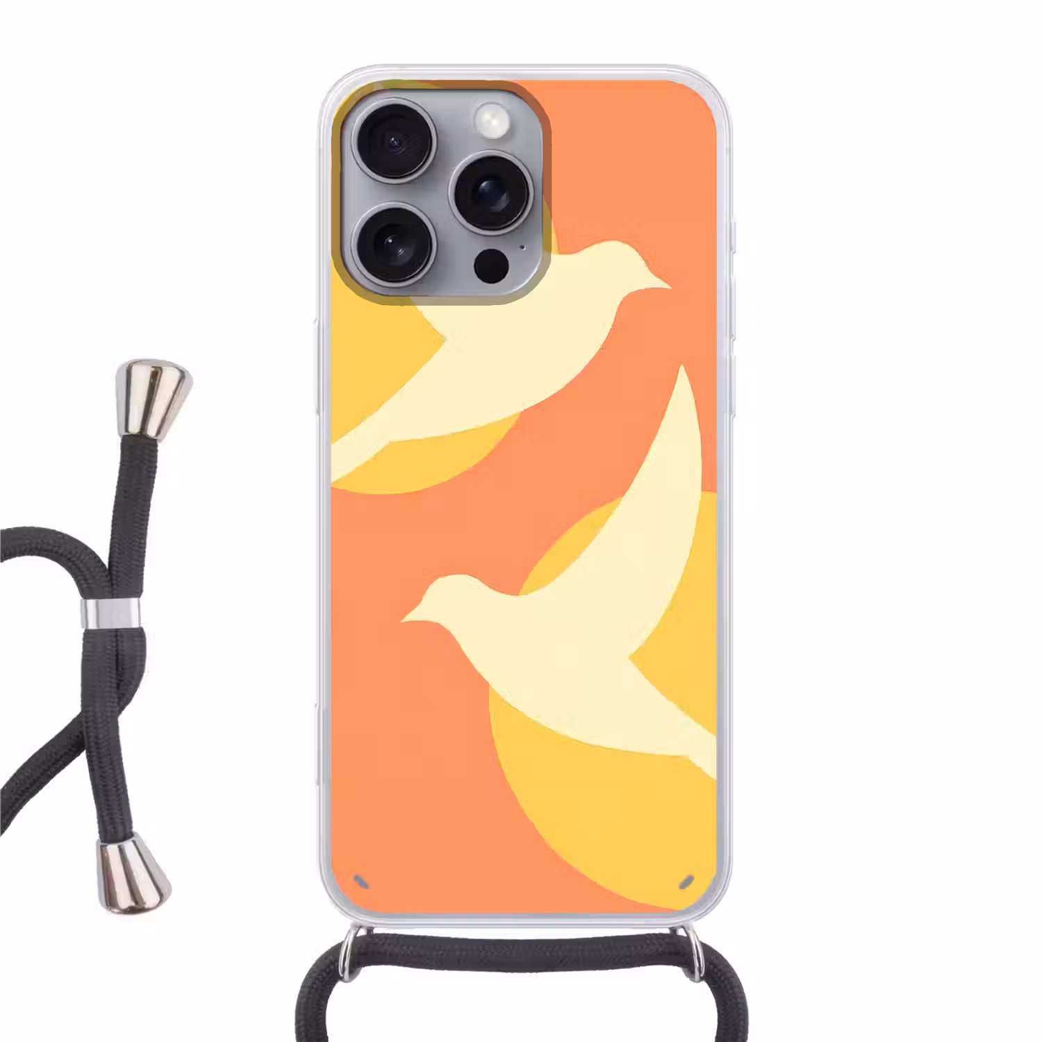 Vogels - Cirkels - Geel Hoesje iPhone 16 Pro Max met koord klein -3d