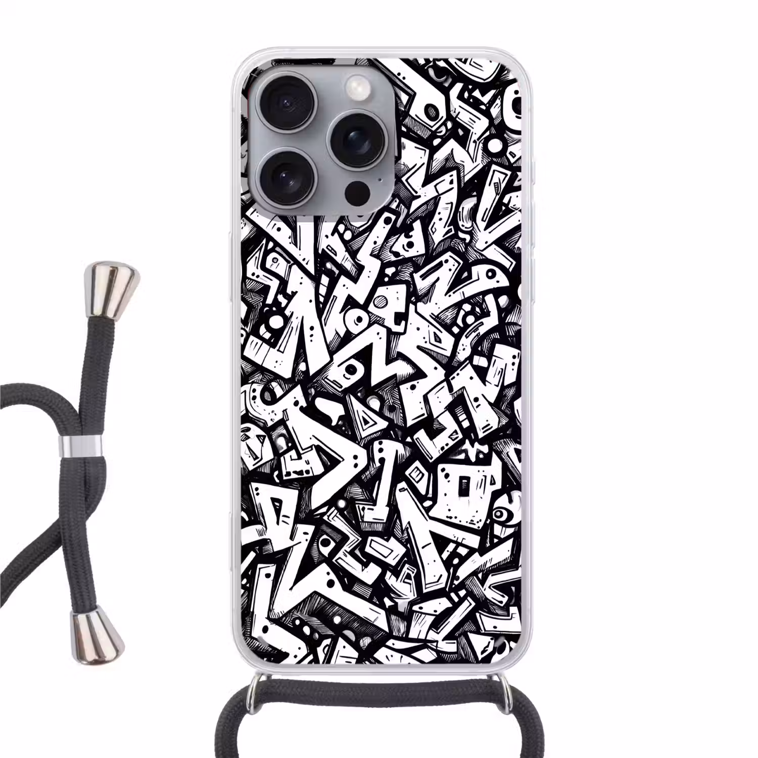 Vormen - Letters - Graffiti - Zwart Hoesje iPhone 16 Pro Max met koord klein -3d