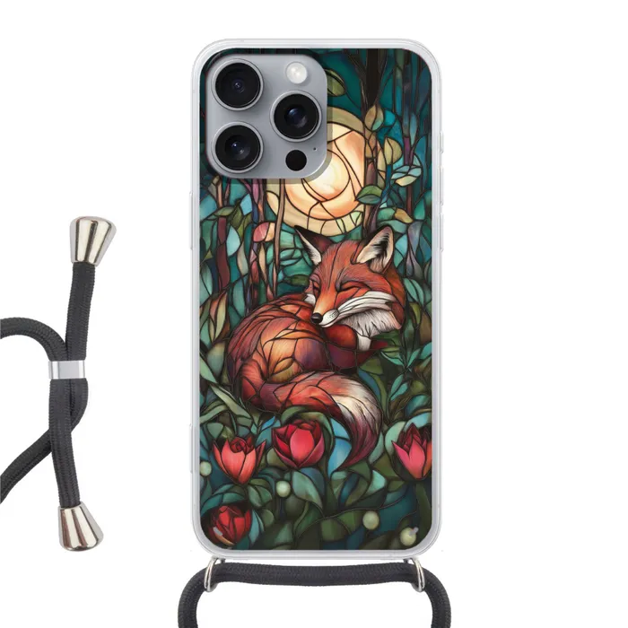 Vos - Mozaïek - Bos - Maan Hoesje iPhone 16 Pro Max met koord klein -3d