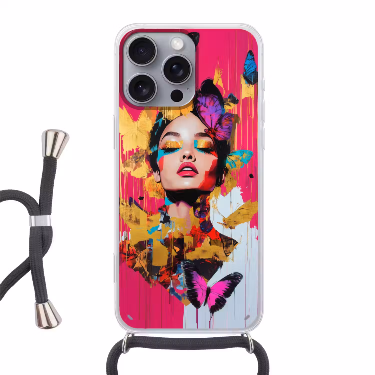 Vrouw - Abstract - Kleurrijk Hoesje iPhone 16 Pro Max met koord klein -3d