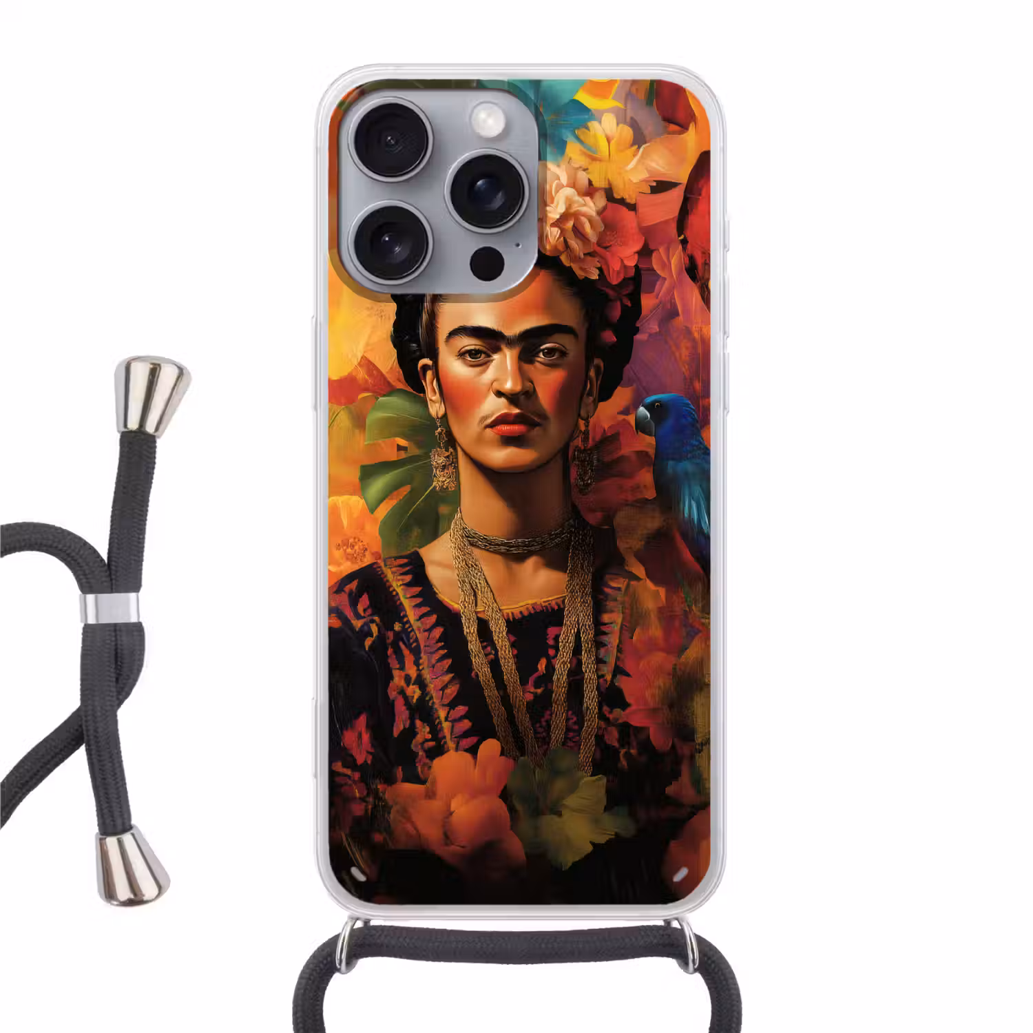 Vrouw - Bloemen - Papegaai - Schilderachtig Hoesje iPhone 16 Pro Max met koord klein -3d