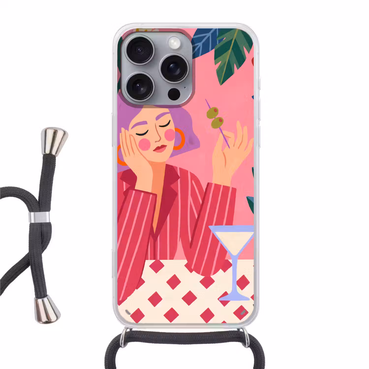 Vrouw - Cocktail - Bloemen - Modern - Roze Hoesje iPhone 16 Pro Max met koord klein -3d