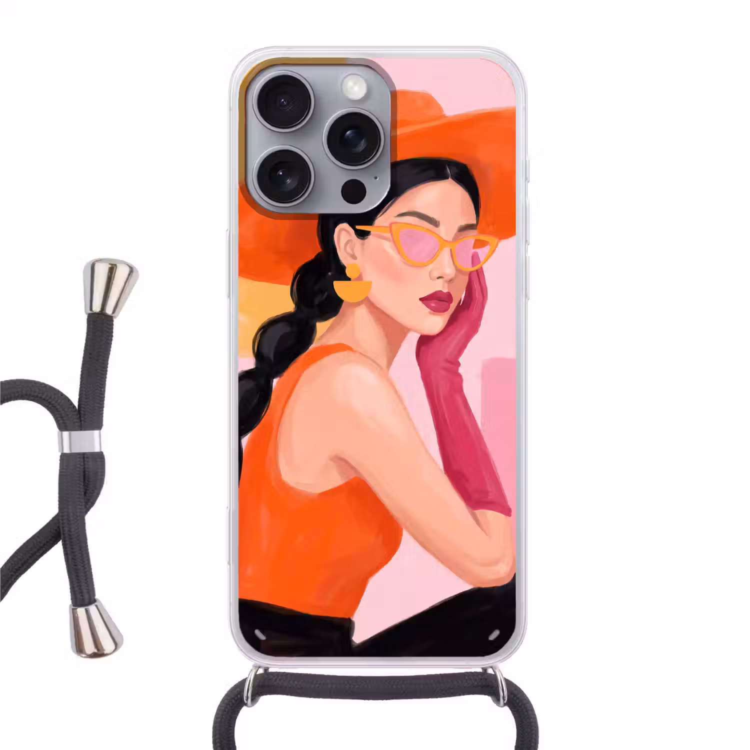 Vrouw - Hoed - Mode - Modern - Oranje Hoesje iPhone 16 Pro Max met koord klein -3d