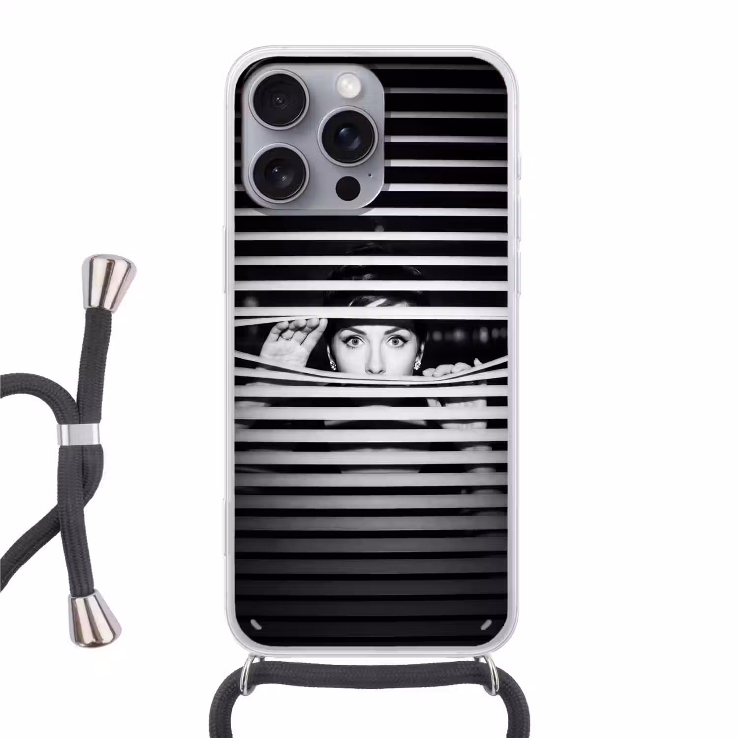 Vrouw - Jaloezieën - Portret - Zwart-wit Hoesje iPhone 16 Pro Max met koord klein -3d