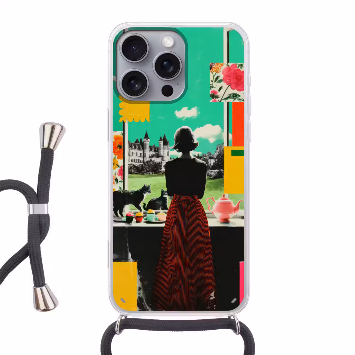 Vrouw - Keuken - Katten - Doorkijk Hoesje iPhone 16 Pro Max met koord klein -3d