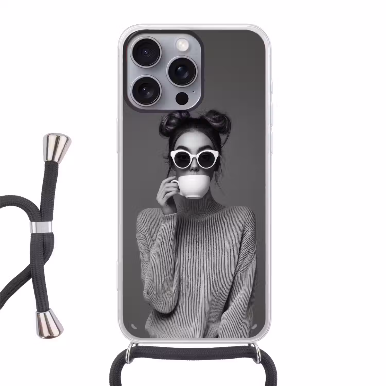 Vrouw - Koffie - Zwart - Wit Hoesje iPhone 16 Pro Max met koord klein -3d