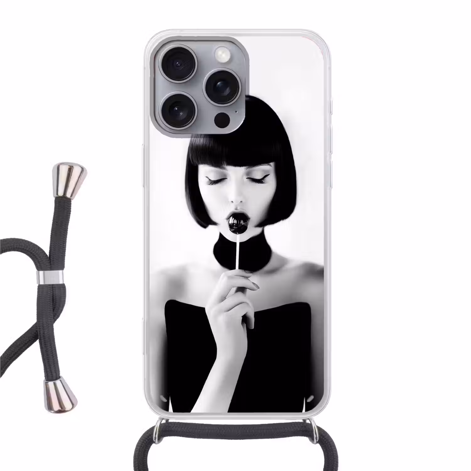 Vrouw - Lolly - Zwart - Wit Hoesje iPhone 16 Pro Max met koord klein -3d