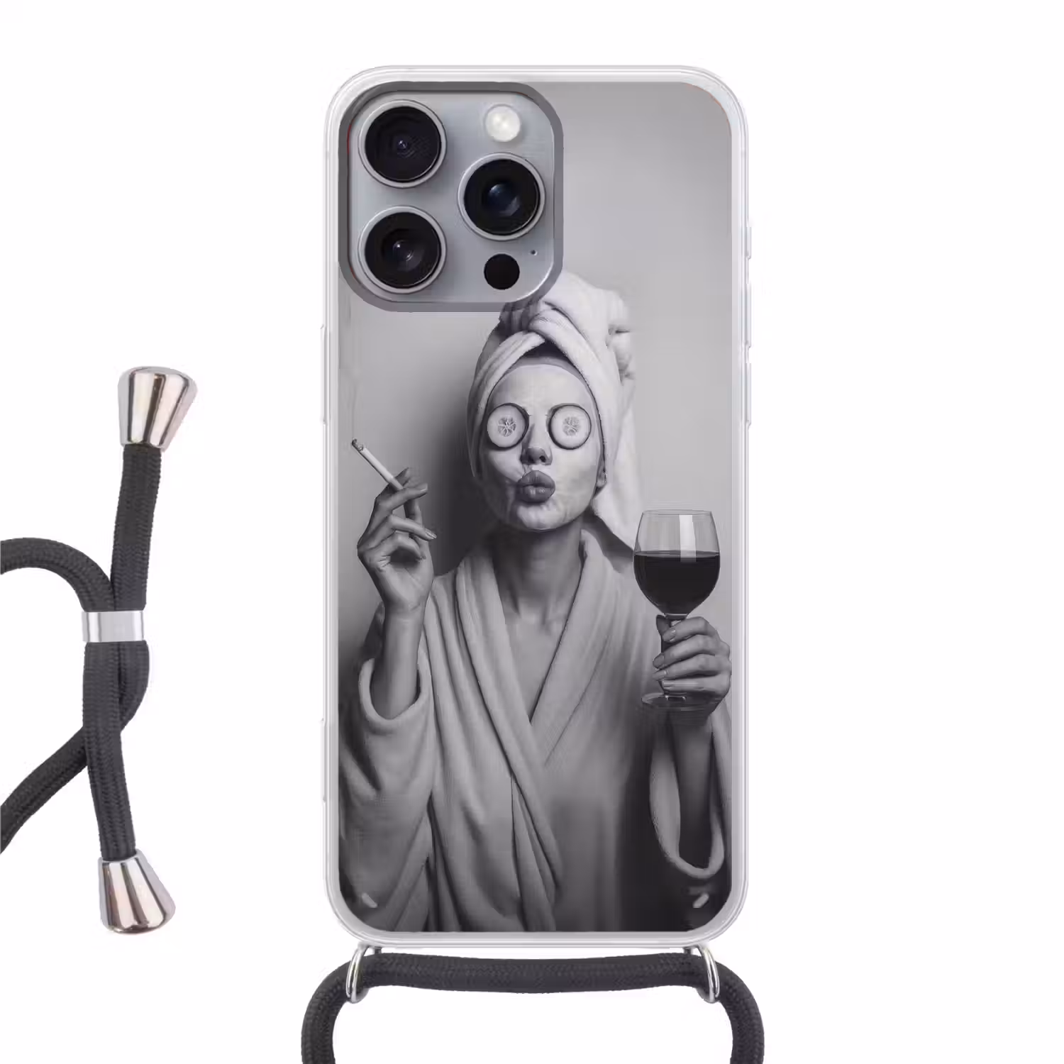 Vrouw - Masker - Wijn - Sigaret Hoesje iPhone 16 Pro Max met koord klein -3d