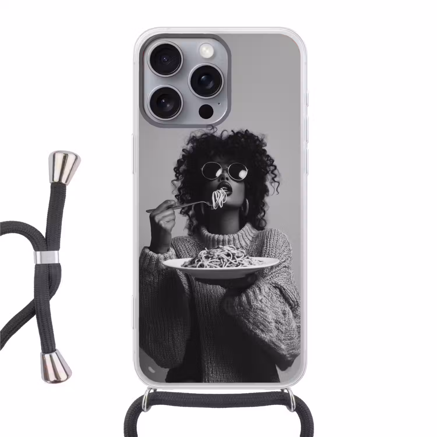 Vrouw - Pasta - Zwart - Wit Hoesje iPhone 16 Pro Max met koord klein -3d