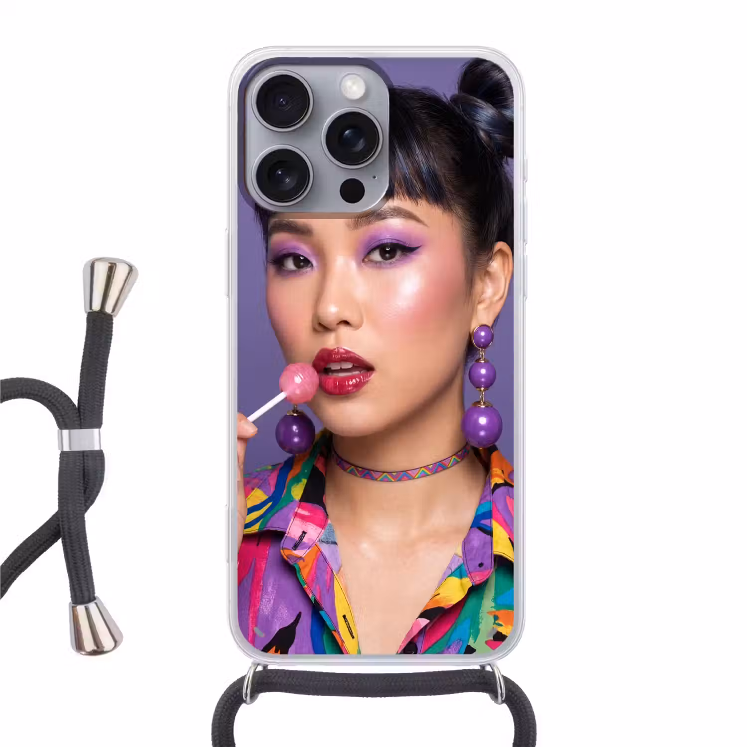 Vrouw - Portret - Make-up - Paars - Levendig Hoesje iPhone 16 Pro Max met koord klein -3d