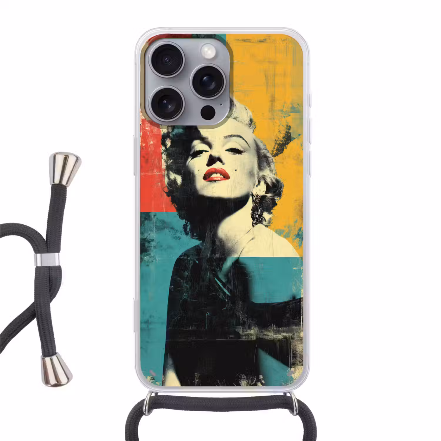 Vrouw - Rode lippen - Abstracte kleurvlakken - Popartuistraling Hoesje iPhone 16 Pro Max met koord klein -3d