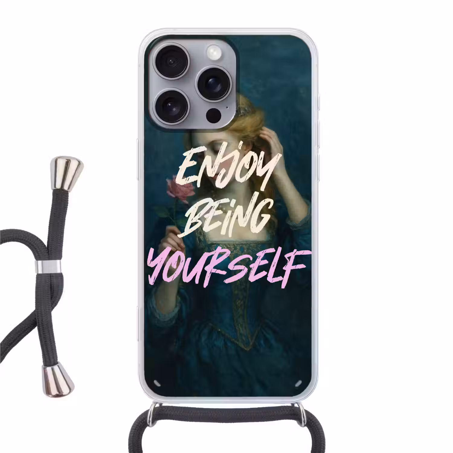 Vrouw - Roos - Quote Hoesje iPhone 16 Pro Max met koord klein -3d