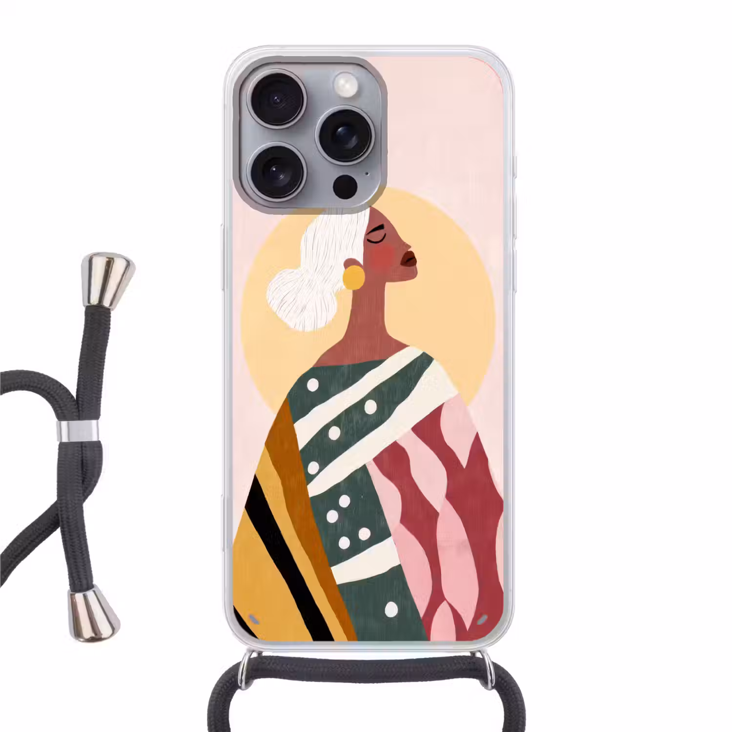 Vrouw - Zon - Kleurrijk Hoesje iPhone 16 Pro Max met koord klein -3d
