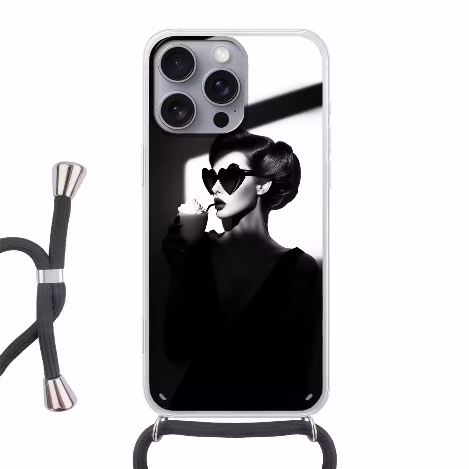 Vrouw - Zwart - Hart Hoesje iPhone 16 Pro Max met koord klein -3d