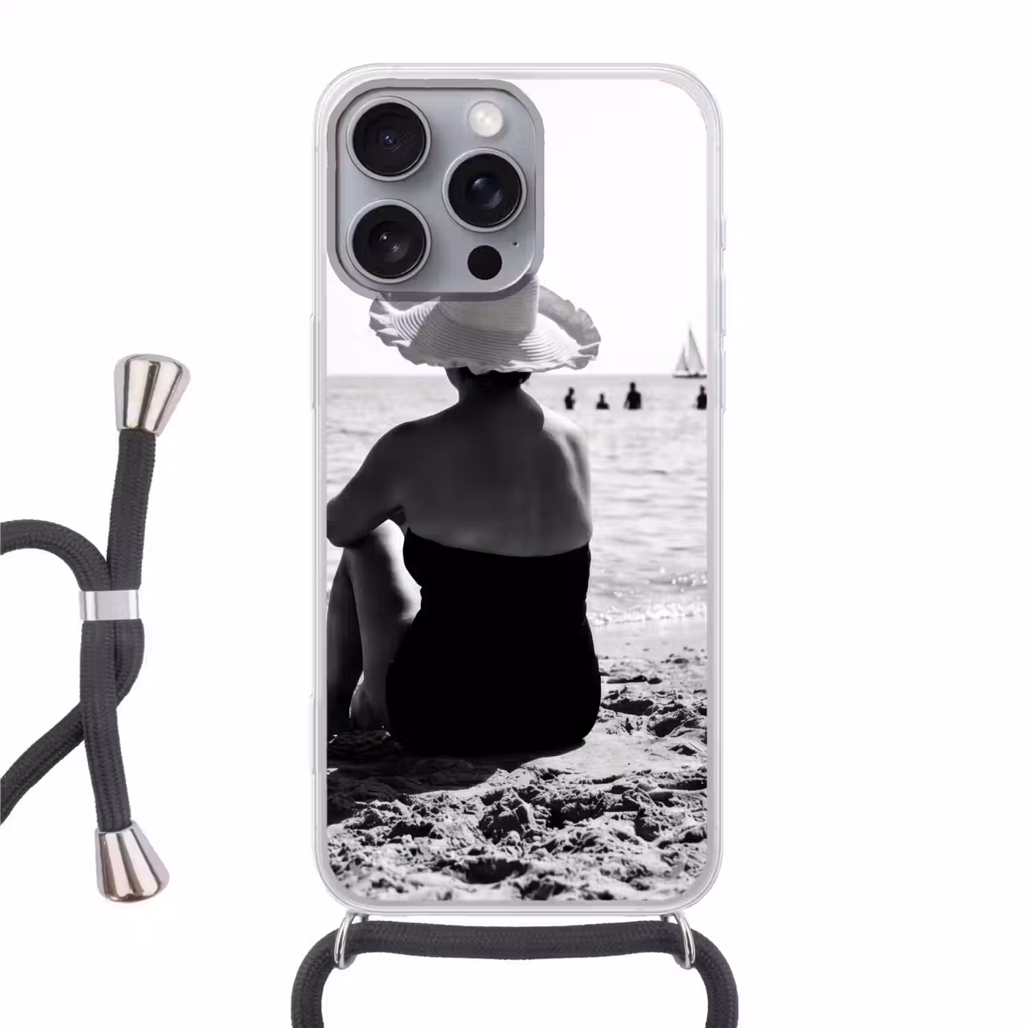 Vrouwen - Zonnehoed - Strand - Zwart - Wit Hoesje iPhone 16 Pro Max met koord klein -3d