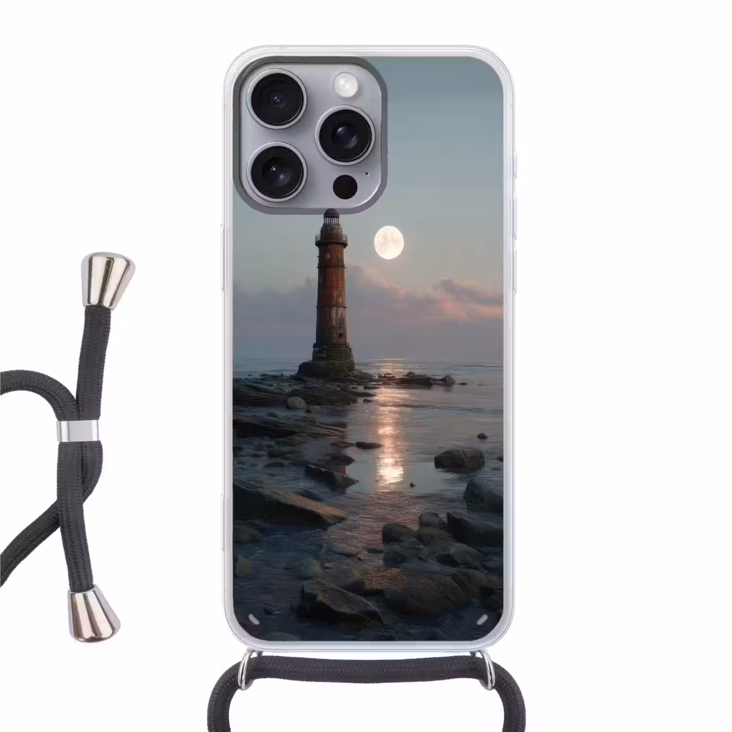 Vuurtoren - Stenen - Water - Maan Hoesje iPhone 16 Pro Max met koord klein -3d