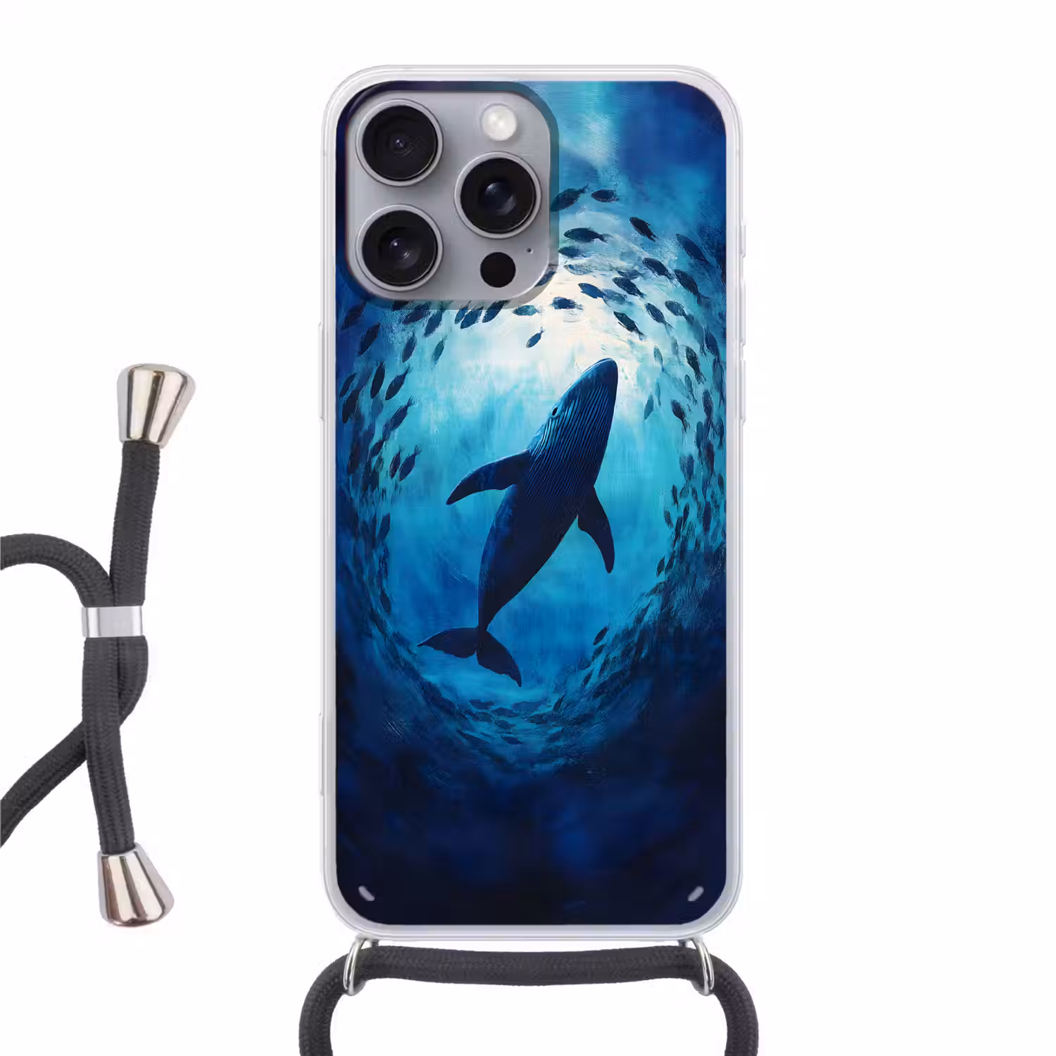 Walvis - Vissen - Donkerblauw Hoesje iPhone 16 Pro Max met koord klein -3d