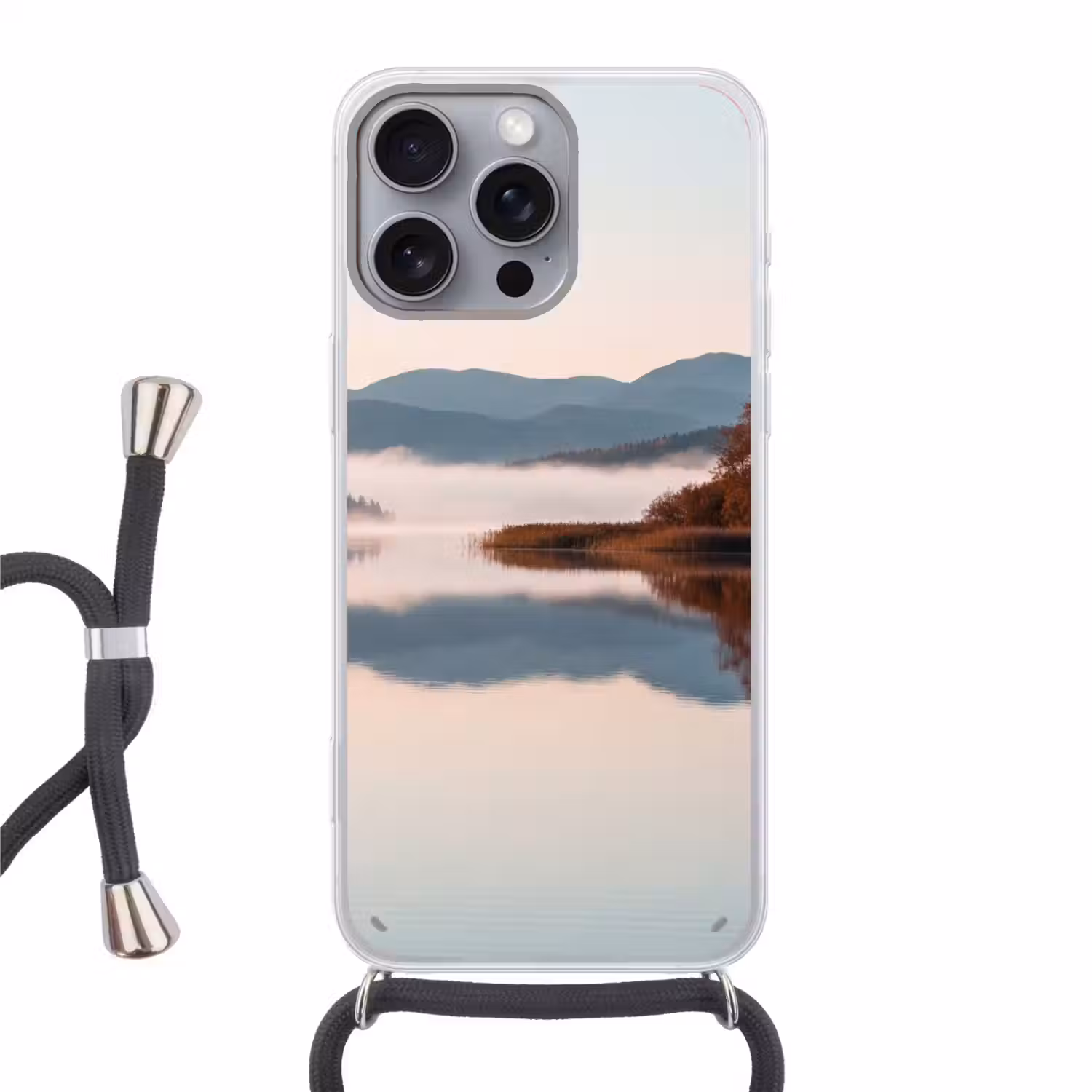 Water - Bomen - Mistlaag Hoesje iPhone 16 Pro Max met koord klein -3d